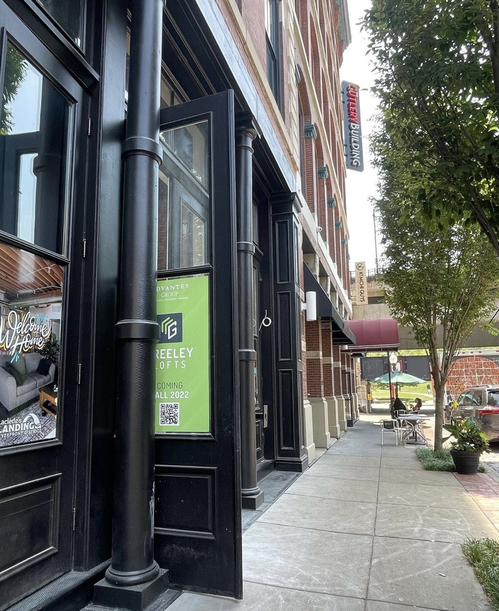 a view of the outside of the building from the sidewalk at Greeley Lofts, Missouri, 63102