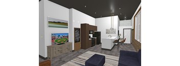 A living room with a baseball painting on the cabinet.