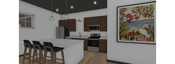 A kitchen with a white island and wooden bar stools.