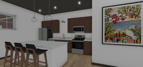 A kitchen with a white island and wooden bar stools.