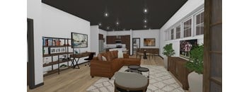 A living room with a brown couch, a coffee table, and a painting on the wall.