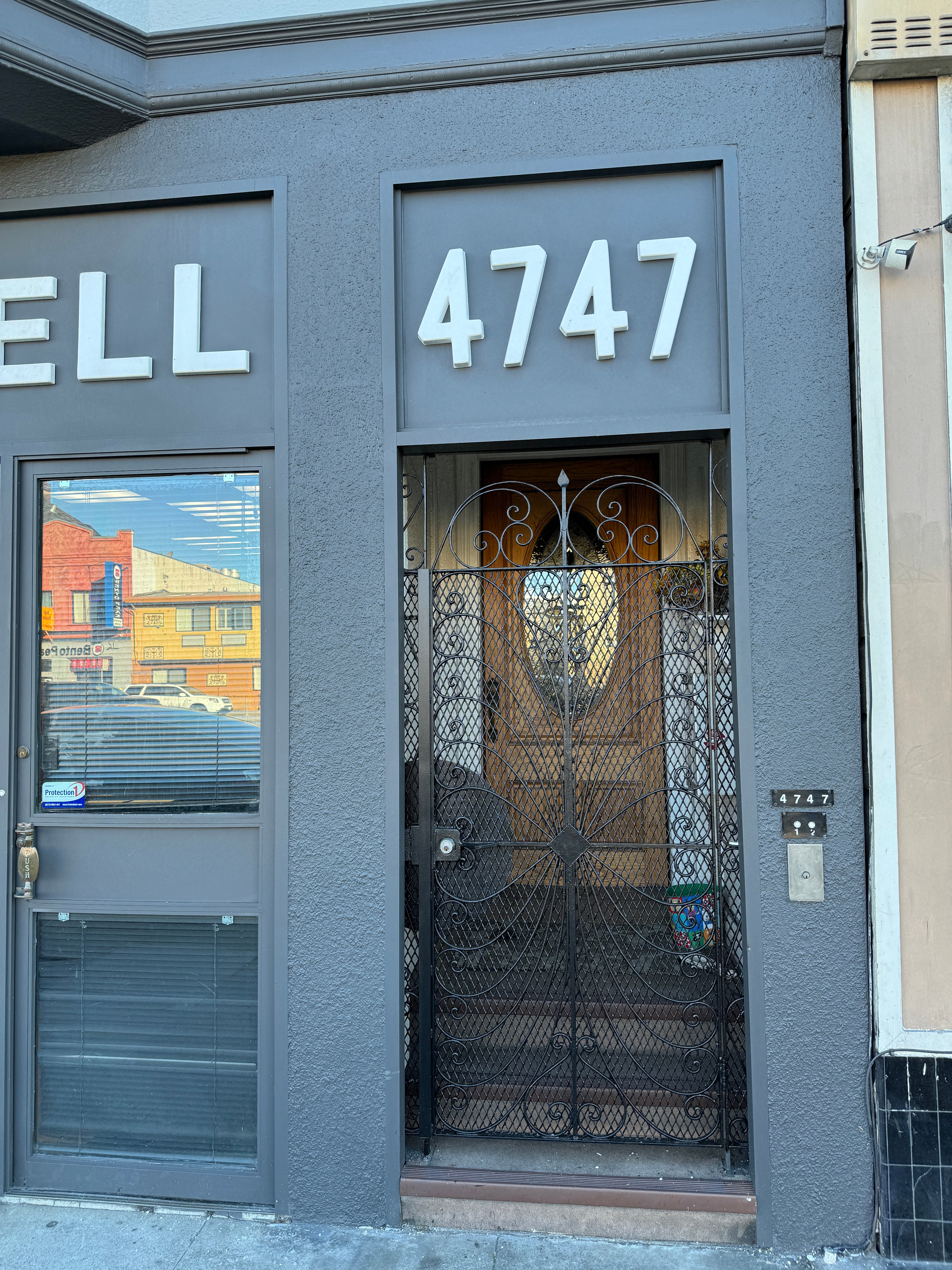 a view of the front of a building with a window