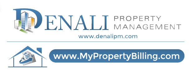 The image displays two logos for Denali Property Management and MyPropertyBilling.com.