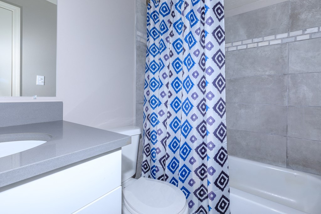 full bathroom with tub shower combo  at 444 Park Apartments, Richmond Heights, OH, 44143