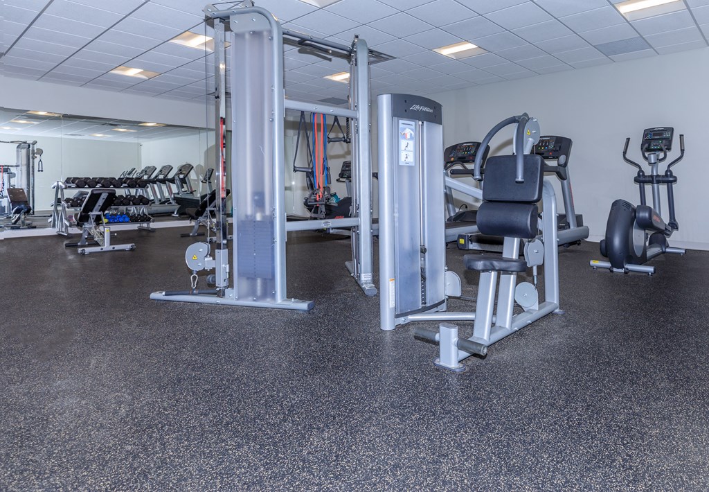 Fitness center with dumbbells  at 444 Park Apartments, Richmond Heights, Ohio