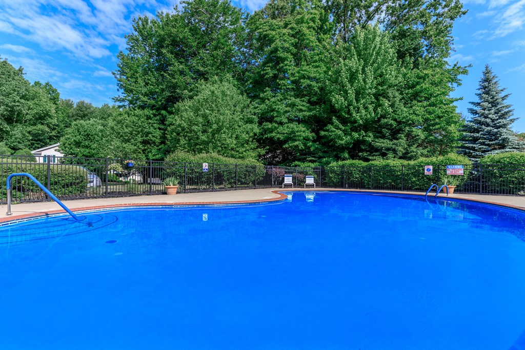 a large blue pool with a fence and trees in the background