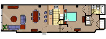 floor plan of a small house with a living room and a dining room