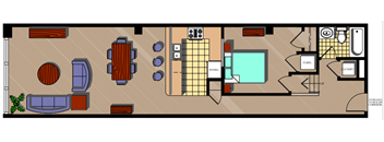 a floor plan of a living room with furniture and a pool
