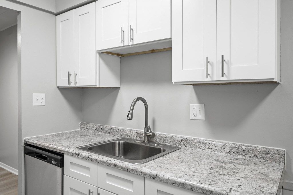 a kitchen with white cabinets and granite counter top and a sink