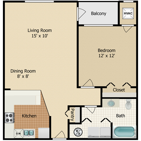 One bed one bath floor plan at Lakeside Villas Madison Ohio