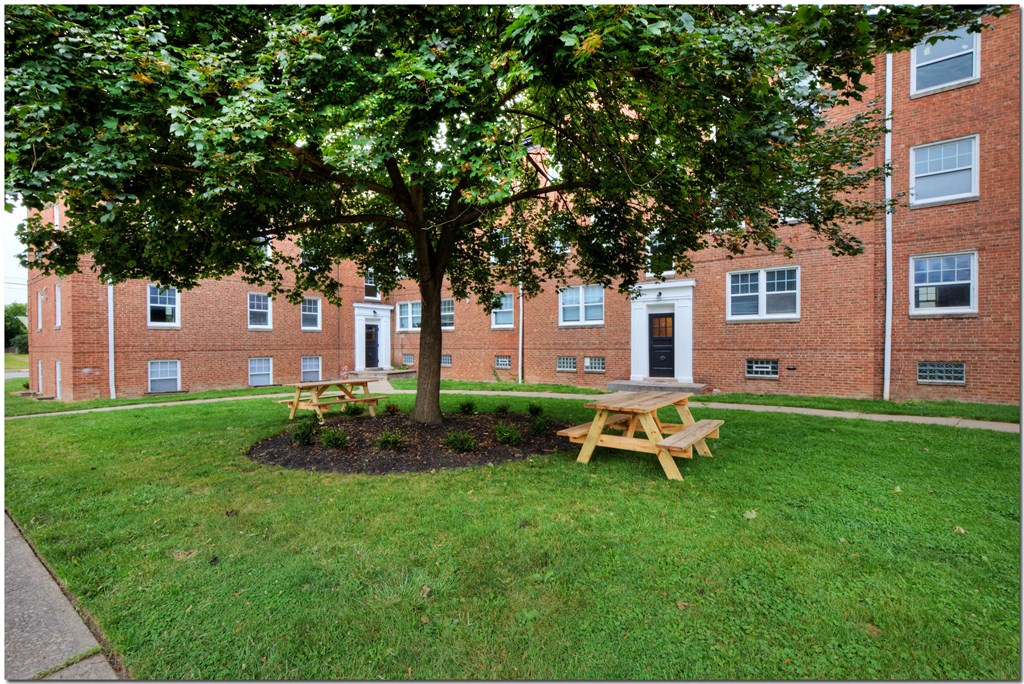 a picnic table under a tree in front of a brick building