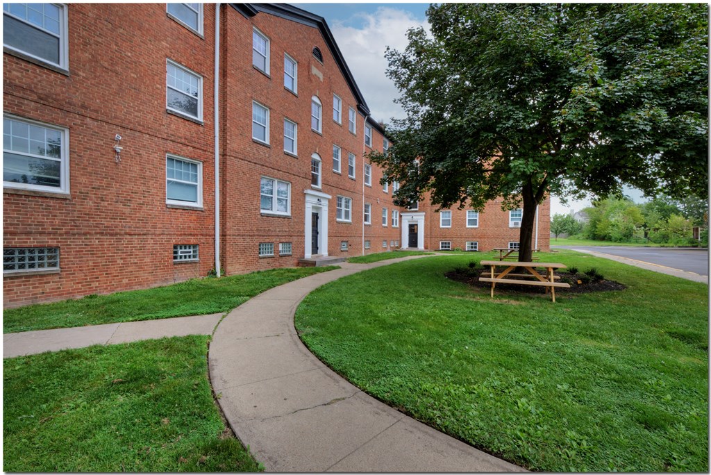 a picnic table under a tree in front of a brick building