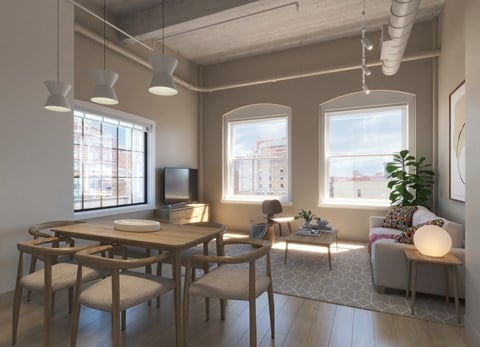 a rendering of a living room and dining room with a table and chairs