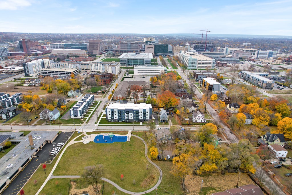 An aerial view of a Park Lamont and Cleveland