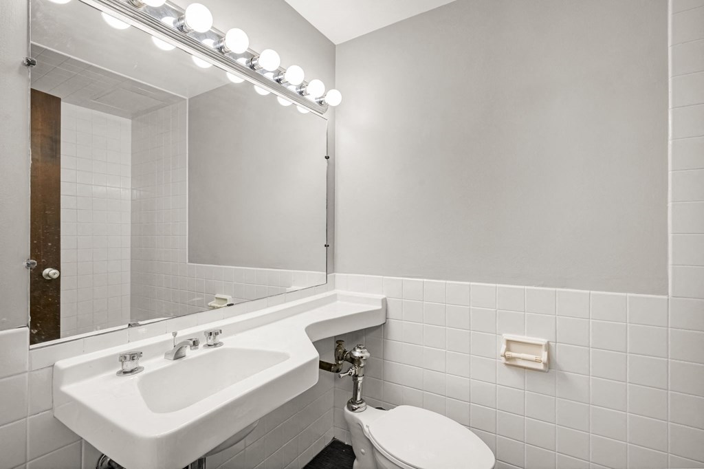 a bathroom with a sink and a toilet and a mirror