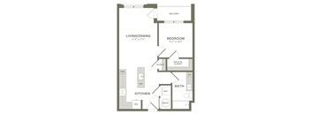 A floor plan of a small apartment with a living/dining area, kitchen, bedroom, and bathroom.