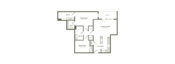 A floor plan of a home with two bedrooms, a living area, a kitchen, and a bathroom.