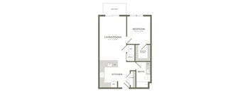 A floor plan of a balcony apartment with a bedroom, living/dining area, kitchen, bathroom, and closet.
