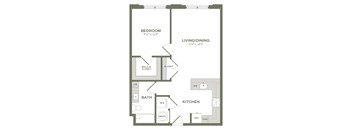 A floor plan of a small apartment with a bedroom, bathroom, kitchen, and living/dining area.
