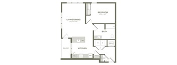 A floor plan of a small apartment with a bedroom, living/dining area, kitchen, and bathroom.