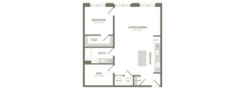 A floor plan of a small apartment with a bedroom, living/dining area, kitchen, bathroom, and den.