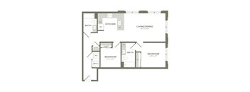 A floor plan of a small apartment with a living room, kitchen, and two bedrooms.
