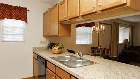 A kitchen with wooden cabinets and a marble countertop.