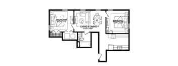 A black and white image of a floor plan for a living and dining area.
