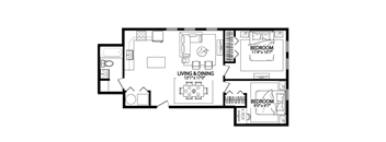 A black and white image of a floor plan for a two bedroom apartment.