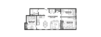 A black and white image of a house plan with three bedrooms and a living and dining area.