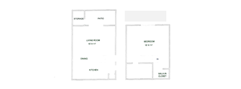 A floor plan of a small apartment with a living room, dining room, kitchen, bedroom, storage, and patio.