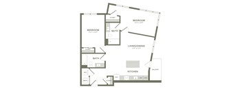 A floor plan of a home with two bedrooms, a living/dining area, a kitchen, and two bathrooms.