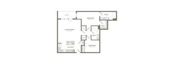 A floor plan of a home with two bedrooms, a living area, a kitchen, a bathroom, a balcony, and a walk-in closet.