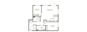 A floor plan of an apartment with three bedrooms, a living/dining area, a kitchen, and two bathrooms.