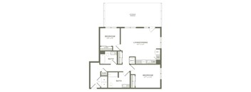A floor plan of a house with two bedrooms, a living/dining area, and a bathroom.
