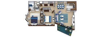 A 3D floor plan of a house with a living room, kitchen, dining room, and bedrooms.