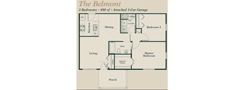 A floor plan of a two bedroom apartment with a garage.