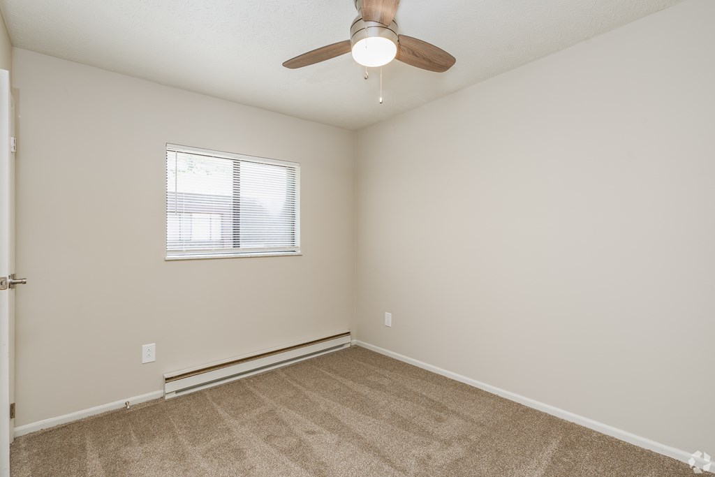 A room with a ceiling fan and carpeted floor.