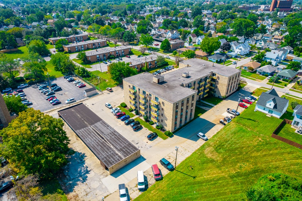 Aerial of exterior building and parking garage