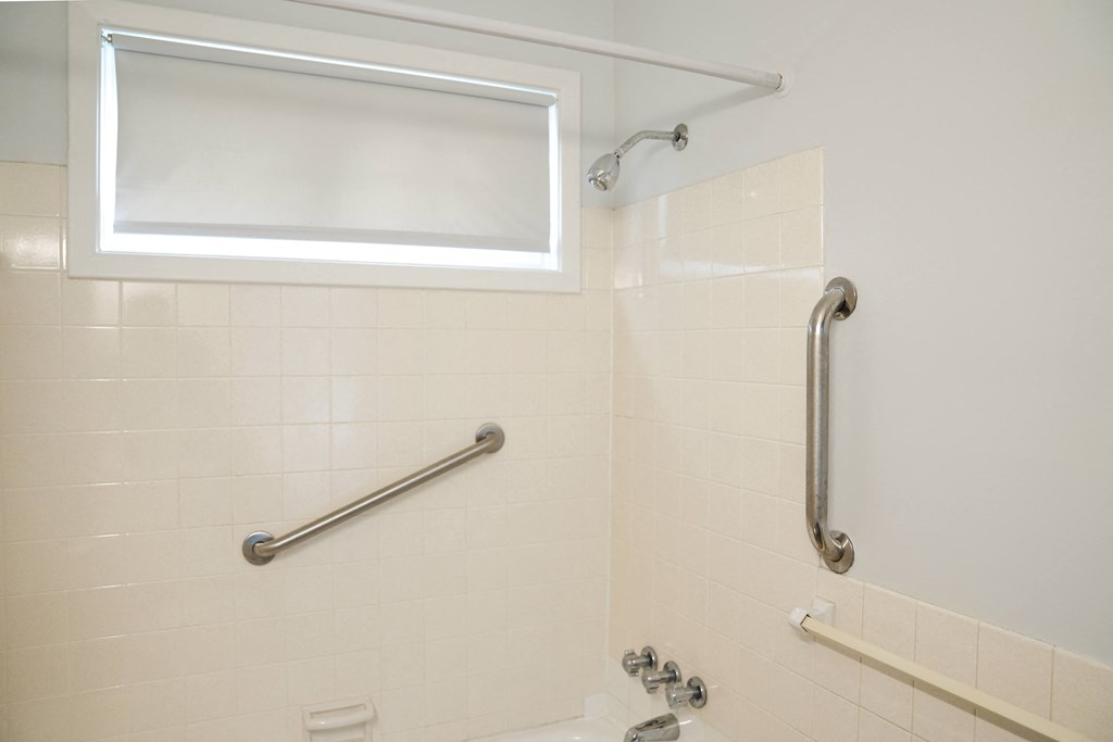 a bathroom with grab bars and a shower