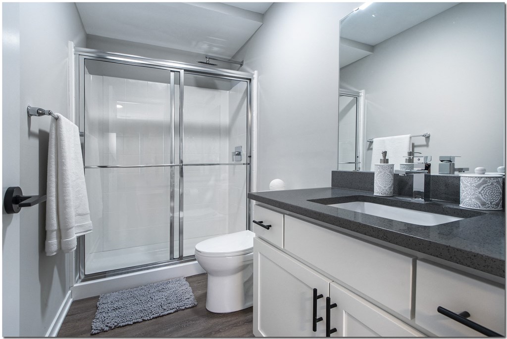 a bathroom with a shower toilet and sink and a mirror
