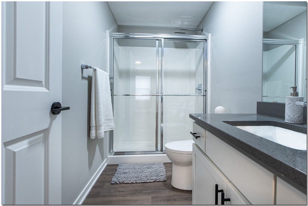 a bathroom with a shower and a sink and a toilet