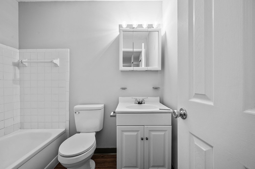 a bathroom with a sink toilet and a bath tub