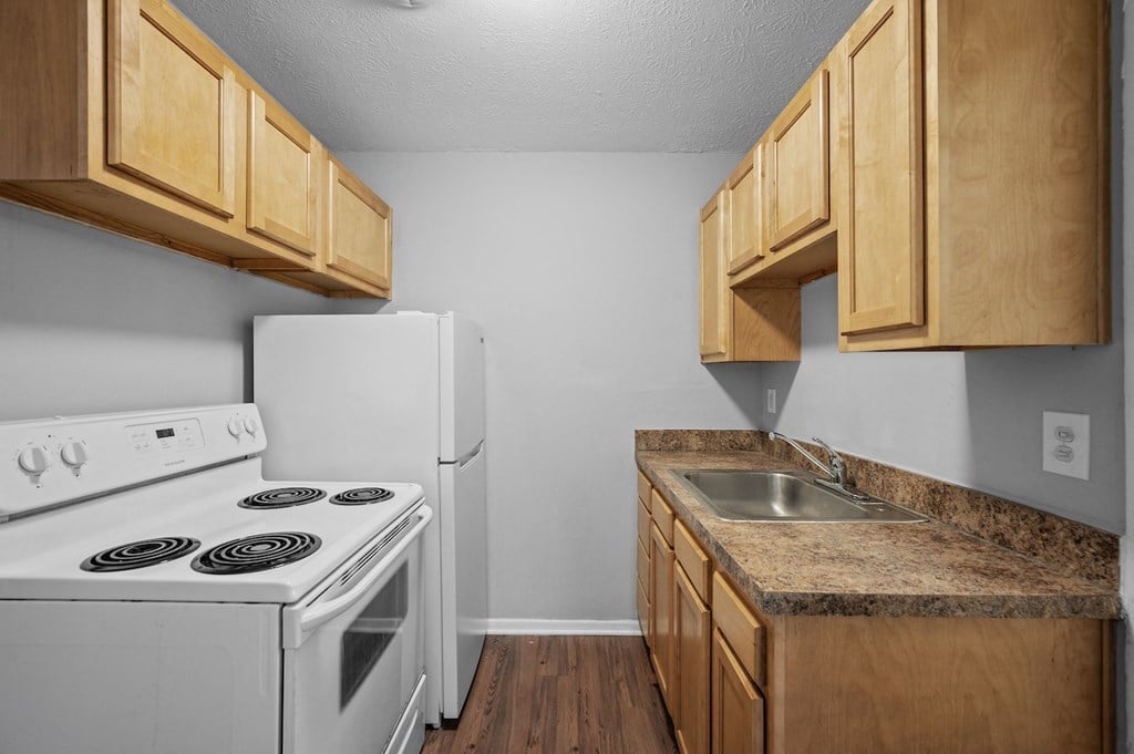 our apartments have a kitchen with a stove refrigerator and sink