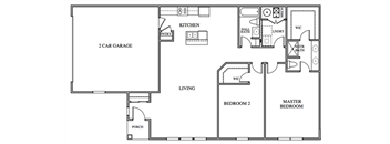 A floor plan of a house with a kitchen, two bedrooms, a living room, a porch, and a 2 car garage.