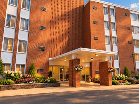 A red brick building with a white entrance and flower decorations.
