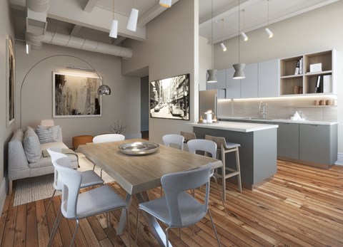 a rendering of a kitchen and dining room with a table and chairs