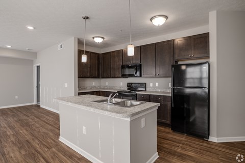 A kitchen with a black refrigerator and wooden cabinets.