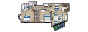A 3D floor plan of a house with a kitchen, living room, and bedrooms.