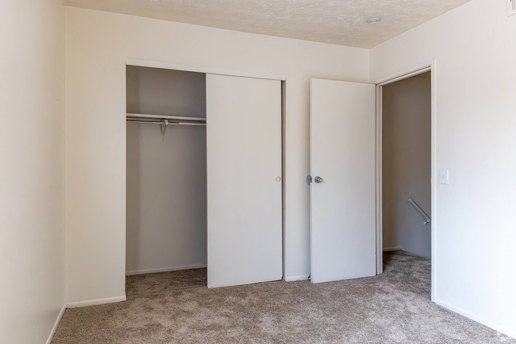 a bedroom with two closets and a carpeted floor